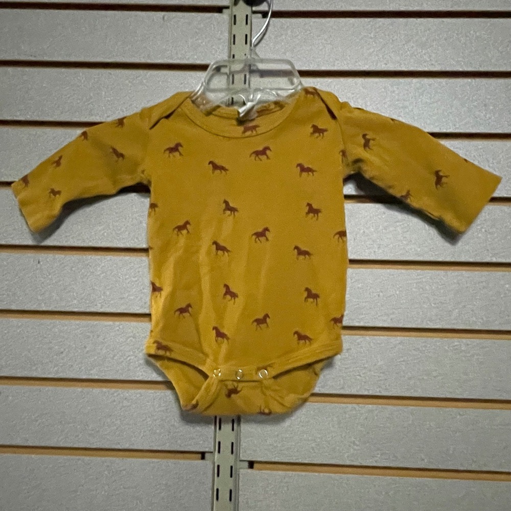 Kate Quinn Mustard Yellow Horse Print Organic Cotton Bodysuit 6-12M Long Sleeve